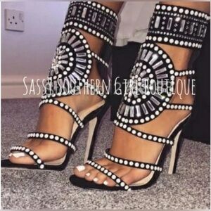Olivia Jaymes Jeweled Ankle Cuff Gladiator Stiletto Strappy Sandals, Black 8.5